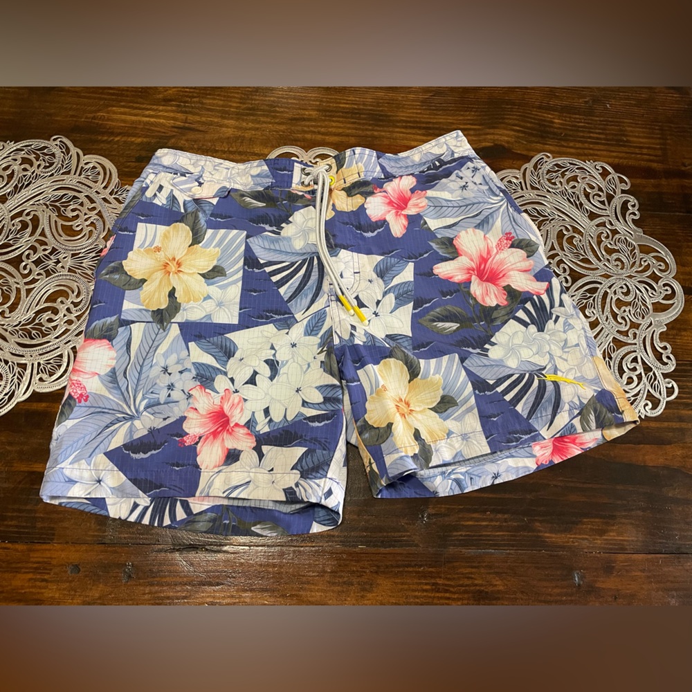Tommy Bahama Navy Blue Floral Swim Trunks with Pink & Yellow Blooms